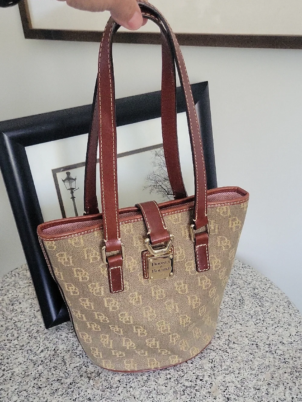 Vintage 1975 Dooney & Bourke Brown Monogram Bucket Bag with Cognac Brown Trim - Picture 1 of 16